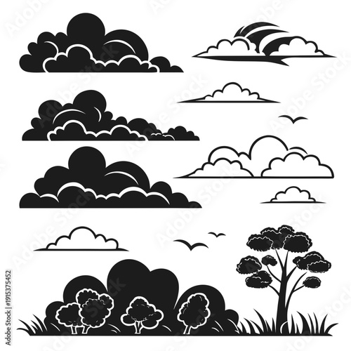 A collection of diverse and intricate cloud formations illustrated in black and white Vector