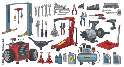 Garage Tools and Equipment Set.