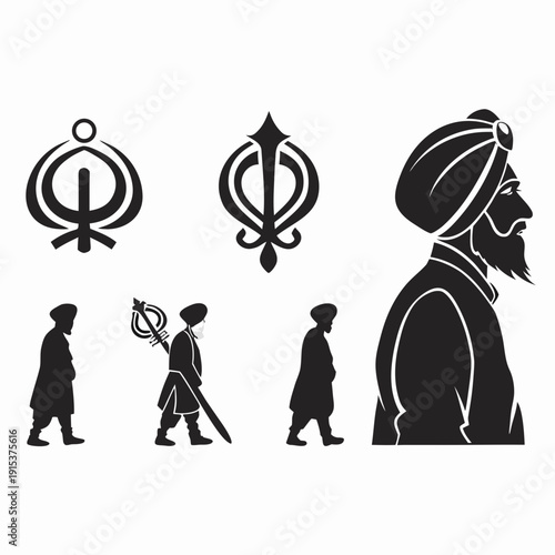 Silhouettes of individuals wearing turbans and holding flags in a line Vector