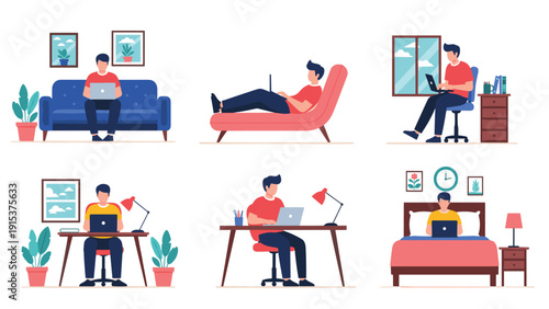 Diverse collection of people working from home in various comfortable settings like sofas and desks representing remote work lifestyle.