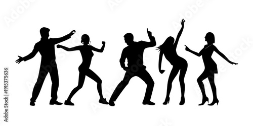 Group of people dancing in various styles and poses in silhouette Vector