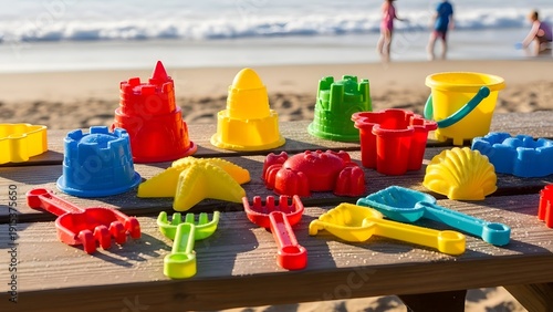 Wallpaper Mural Colorful beach toys and molds on a wooden table at the seaside with people in the background Torontodigital.ca
