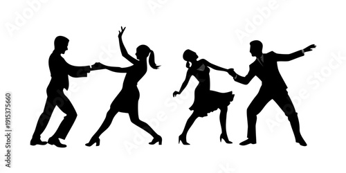Four people dancing in a line with various dance moves and styles Vector