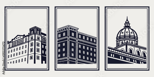 Three distinct buildings showcasing diverse architectural styles and designs Vector