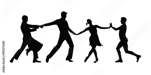 Group of people dancing together in a line, holding hands and moving in rhythm Vector