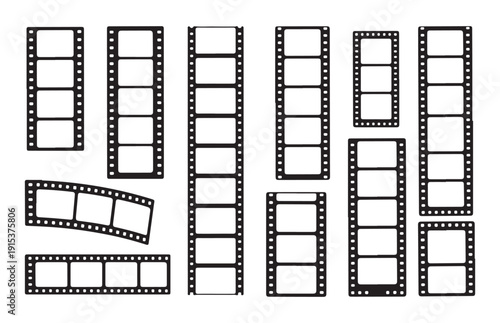 Set of film strip silhouettes collection, cinema movie and photography production elements, black and white vectors