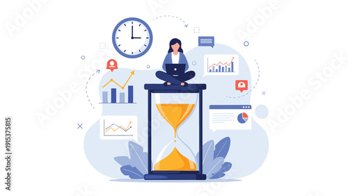Focused businesswoman sits on top of a large hourglass while working on her laptop to represent effective time management and deadlines.
