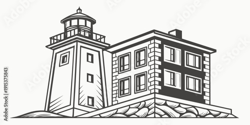A charming lighthouse standing tall next to a quaint coastal building. Vector