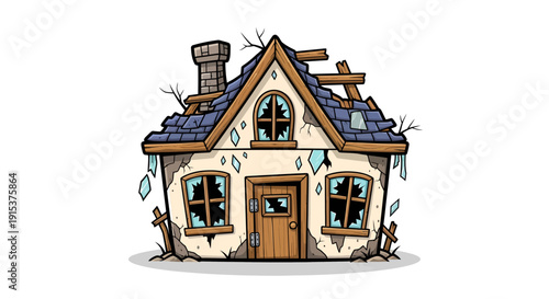 Cartoonish distressed home depiction with broken windows and dilapidated roof structure