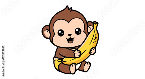 Charming baby monkey clutching a ripe banana, a delightful animated illustration for children and