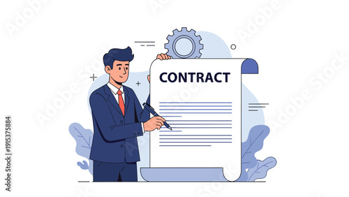 Formal businessman in a suit signs a large official contract document with a pen representing legal agreements and successful deals.