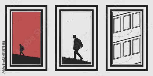 A series of three images depicting a person's journey from a cliff to a building. Vector