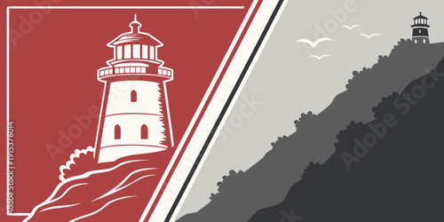 Lighthouse standing tall on a rocky cliff overlooking the ocean Vector