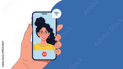 Close-up of a hand holding a smartphone during a video call with a smiling young woman showing modern telecommunication technology.