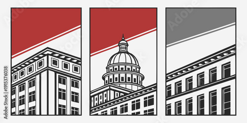 Three iconic buildings showcasing diverse architectural styles and colors Vector