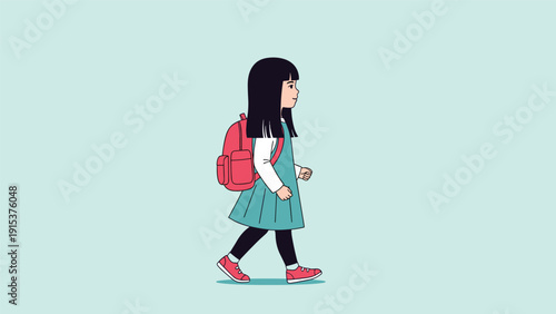 Little girl with a red backpack and a green dress walks happily to school on a light blue background representing education and youth.