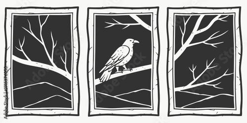 Three distinct trees standing tall against a dark background with intricate details Vector