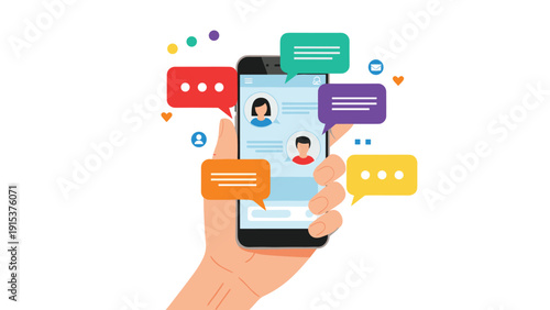 Hand holds a smartphone surrounded by numerous colorful speech bubbles representing active social media messaging and online chatting.