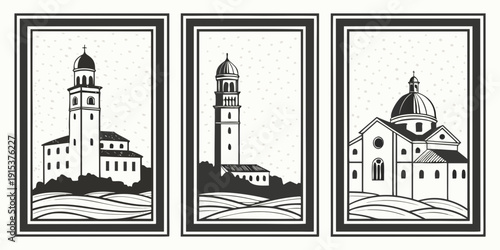 Three lighthouses standing tall against a stormy sky with waves crashing nearby Vector