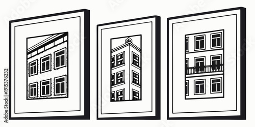 Three framed pictures of a building displayed on a wall. Vector