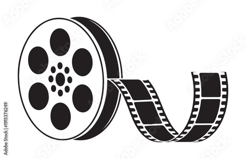 Film reel with film strip icon isolated on white background, black and white vector illustration for design