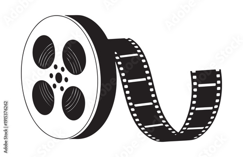 Film reel with film strip icon isolated on white background, black and white vector illustration for design