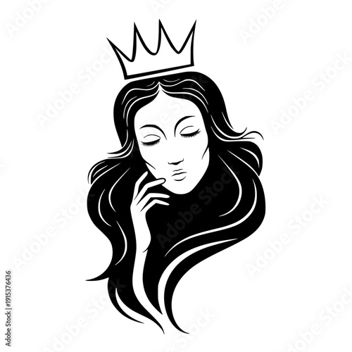 Elegant princess with crown and flowing hair in contemplative pose