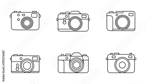 Set of six camera line icons, photo camera vector illustration, linear style photography equipment designs