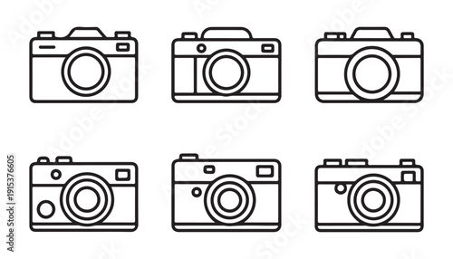 Set of six camera line icons, photo camera vector illustration, linear style photography equipment designs