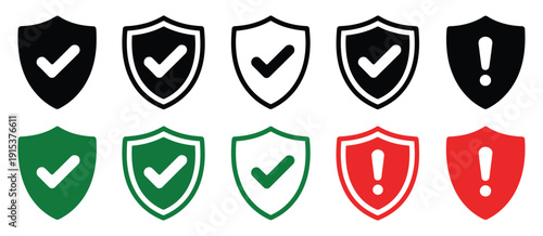 Shield Icon vector illustration with checkmarks and exclamation marks, minimal protection and alert symbols