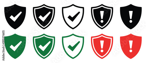 Shield Icon vector illustration with checkmarks and exclamation marks, minimal protection and alert symbols