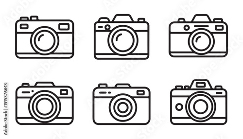 Set of six camera line icons, photo camera vector illustration, linear style photography equipment designs