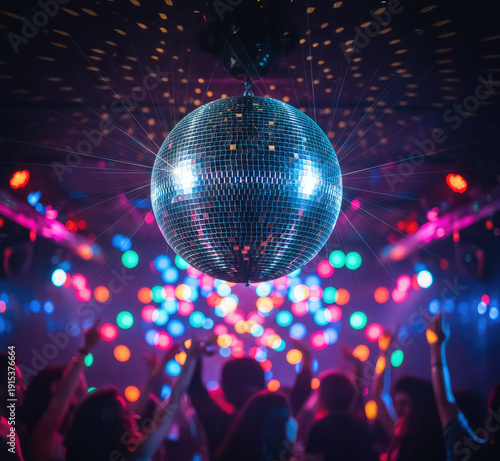Vibrant disco party with shiny mirror ball and dancing crowd