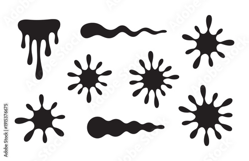 Ink splash blots liquid paint splatters stain drops drips abstract vector collection element graphic design
