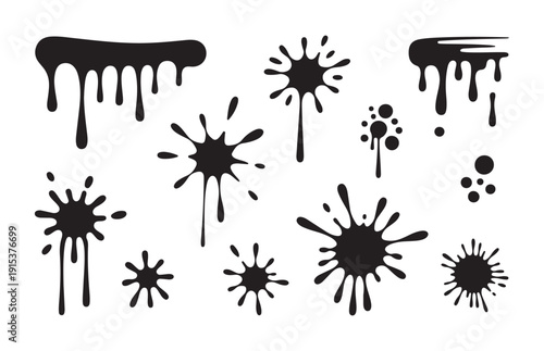 Ink splash blots liquid paint splatters stain drops drips abstract vector collection element graphic design