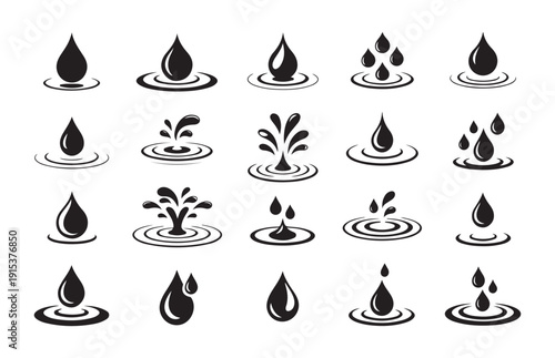 Set of black water drop and splash icons on white background liquid, oil, aqua drops simple set
