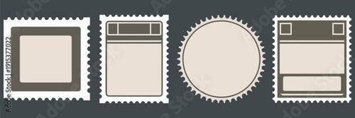 Postage stamps collection with blank postcard and letter stamp templates, vintage post stamp frames and decorative borders with copy space for mail design, invitations, branding, and retro stationery 