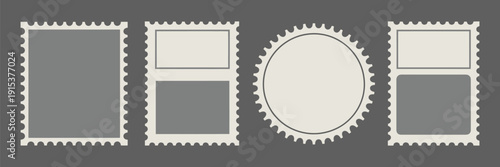 Postage stamps collection with blank postcard and letter stamp templates, vintage post stamp frames and decorative borders with copy space for mail design, invitations, branding, and retro stationery 