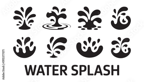 Set of black water splash icons on white background, liquid or ink splash and spray forms collection