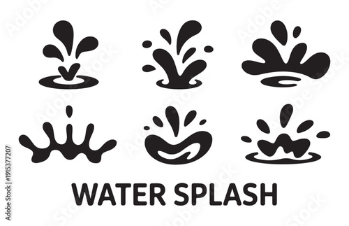Set of black water splash icons on white background, liquid or ink splash and spray forms collection