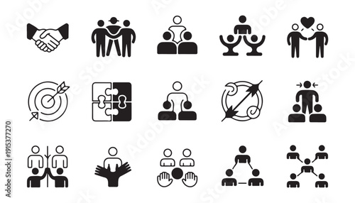 Collection of business and social connection icons representing teamwork collaboration partnership and community