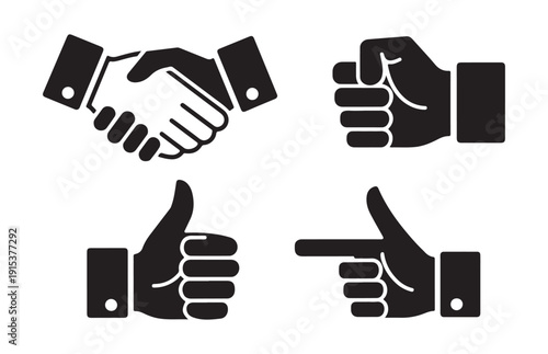 Four hand gesture icons including handshake fist thumbs up and pointing finger symbolizing agreement and direction