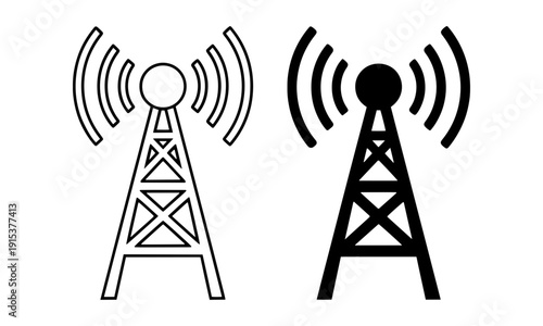 Radio Signal Tower Icon. Wireless Broadcast Antenna with Signal Waves in Outline and Solid Vector for UI Design
