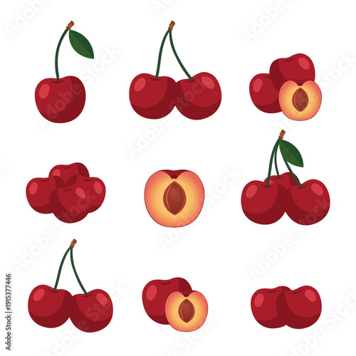 Cherry Set – Whole, Half, Sliced, and Cherry Pieces Flat Vector Illustration