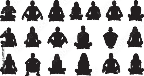Sitting People Silhouette Set - Men and Women Sitting on Floor in Yoga, Meditation, and Relaxing Poses