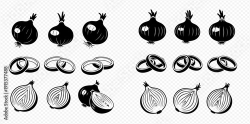 Onion vector set with whole, sliced, and ring illustrations in black and white.