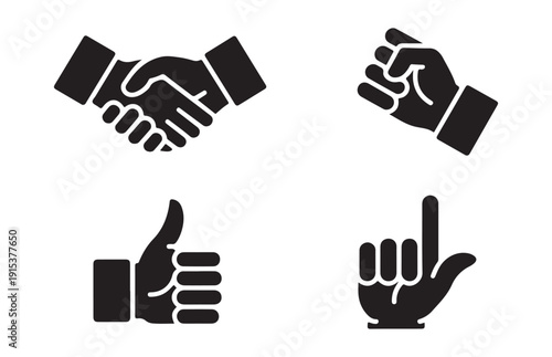 Four distinct hand gesture icons featuring handshake fist thumbs up and pointing index finger for various meanings