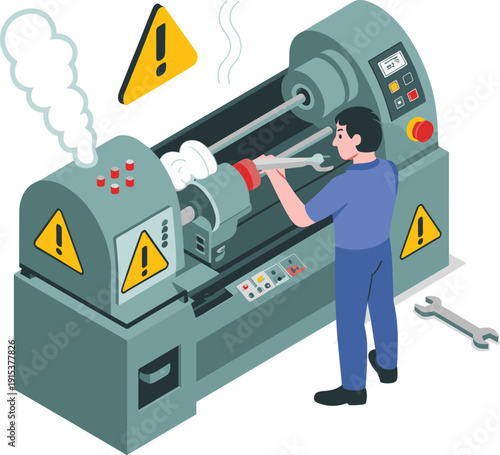 Industrial worker operating metal lathe machine with safety warning signs, manufacturing process engineering factory equipment illustration industrial production workshop concept