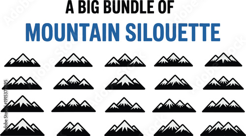 Big bundle of mountain silhouette vector collection featuring black and blue alpine peaks isolated on white background for logo, branding, and design use