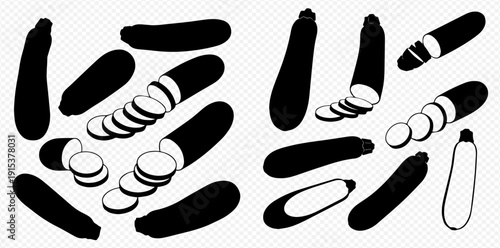 Set of black silhouettes of whole and sliced zucchini, isolated on white background. Vector illustration.